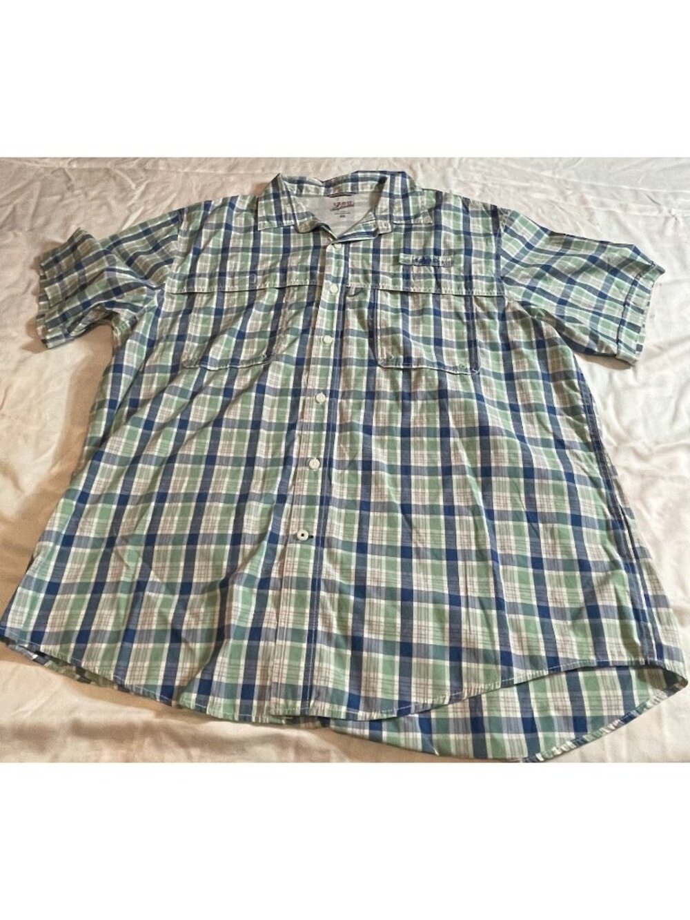 Izod Shirt Mens 2XL Blue Green Plaid Short Sleeve Button Up Dress Shirt